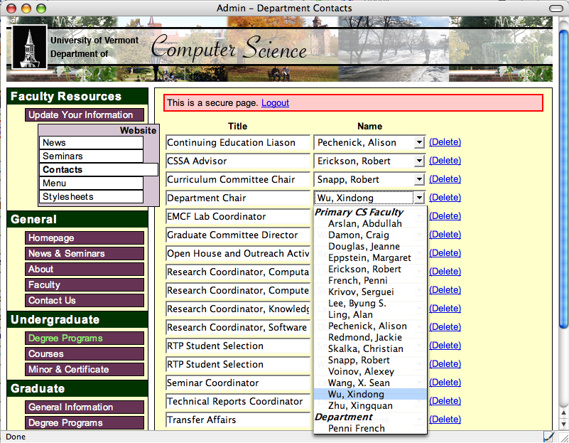 Screenshot: Admin system, contacts